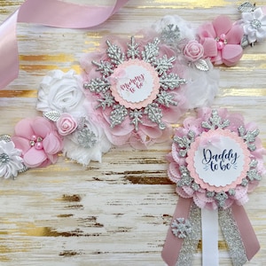 Pink Snowflake Winter Christmas Baby Shower Sash and Matching Family Pins, Pink Snowflake