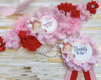 Strawberry Shortcake Baby Shower Sash for Mommy to be and Pins for Family Members