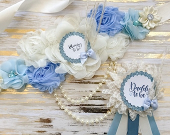 Blaue Boho Baby-Dusche-Schärpe für Mama zu sein Baby Blau-Dusche-Dekor für Mama zu sein Floral Schwangerschaft Schärpe und Pin für Gender Reveal