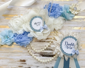 Blauwe Boho Baby Shower Sash voor mama to be en Family Pins