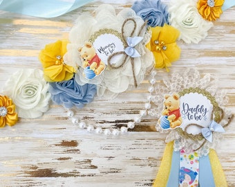 Banda para baby shower de Winnie the Pooh azul y amarilla Regalo para baby shower de Winnie the Pooh Revelación de género Banda de Winnie the Pooh para baby shower