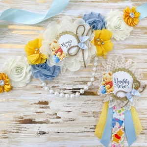 Winnie The Pooh Maternity sash, Blue and Yellow Winnie The Pooh Baby shower, Gender reveal sash, Winnie the Pooh sash for baby shower Sash