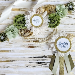 Greenery Baby Shower Mommy to be Maternity Sash Woodland Baby Shower Sash Green and Gold Baby Shower Mommy to be Sash Corsage