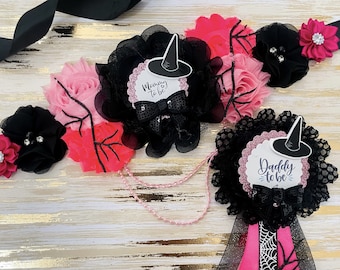 Pink Witch Baby Shower Sash, Pink and Black Baby Shower Mommy to be Sash, Girl Pink Halloween Witch Baby Shower, Girl Halloween Baby Shower