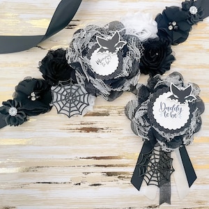 Halloween Bat Baby Shower Sash and Daddy to be Pin Black and White Halloween Baby Shower A BOO is Due Baby Shower Sash A Baby is Brewing