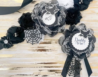 Halloween Bat Baby Shower Sash and Daddy to be Pin Black and White Halloween Baby Shower A BOO is Due Baby Shower Sash A Baby is Brewing