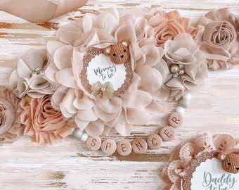 Teddy Bear Baby Shower Mommy to be Maternity Sash, Brown Teddy Bear Baby Shower Sash, Mommy to be Corsage and Pins for Baby Shower, Bear