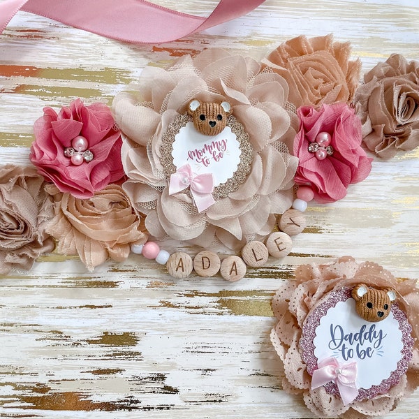 Rose Pink Teddy Bear Baby Shower Sash for Mommy to be, Wooden Beaded Name for Baby Shower, Teddy Bear Baby Shower Sash with Baby Name Sash