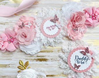 Pink Butterfly Baby Shower Maternity Sash, Pink and White Butterfly Sash for Baby Shower, Maternity Sash for Baby Shower, Floral Belt