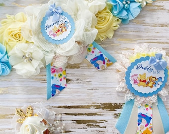 Winnie the Pooh Baby Shower Mom to Be Maternity Sash, Yellow and Blue Winnie the Pooh Sash for Shower, Baby shower Maternity Sash