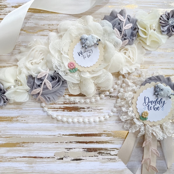 Sheep Baby Shower Mommy to be Maternity Sash, Sheep Lamb Baby Shower Sash for Mommy to be, Sheep Baby Shower Corsages and Pins for Family