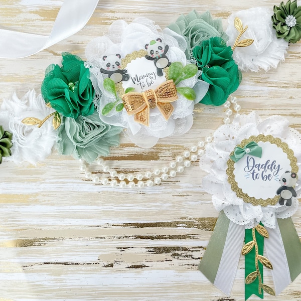 Greenery Panda Baby Shower Mommy to be Sash, Maternity sash, Panda Green and Gold Baby Shower Sash, Panda Theme Gender Reveal for Mom to be