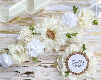Szarfa na Baby Shower w kolorze kości słoniowej i zieleni Boho dla przyszłej mamy, Szarfa ciążowa na Baby Shower w kolorze kości słoniowej i zieleni Boho dla przyszłej mamy, Szarfa na Baby Shower w kolorze zieleni Boho