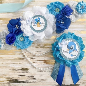Stitch Baby Shower Mommy to be Sash for Stitch Baby Shower Gift Mommy to be Pin for Blue Stitch Gender Reveal Sash and Pin