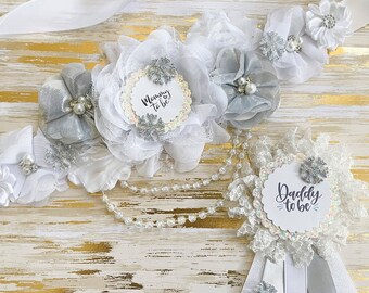 White and Silver Snowflake Baby Shower Mom to be Sash, Winter Baby Shower Maternity Sash, Sash for Winter Baby Shower, Snow Cold Baby Shower
