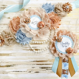 Faja de baby shower con osito de peluche boho, faja de maternidad con osito de peluche azul y marrón para futura mamá, faja de baby shower con osito de peluche para futura mamá, osito de peluche