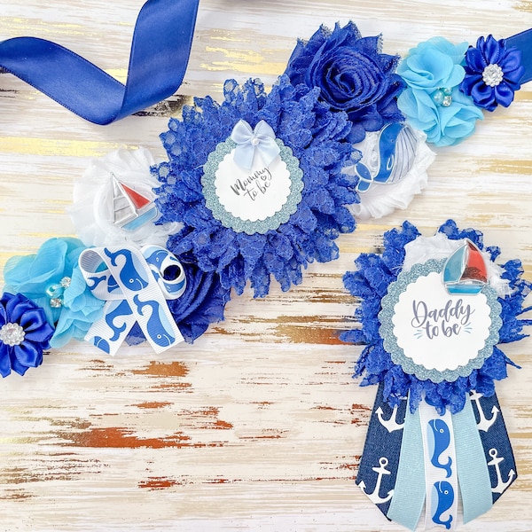 Royal Blue Whale Nautical Baby Shower Maternity Sash for Mom to be, Whale theme baby shower Sash, Baby shower pins, Nautical Baby Shower