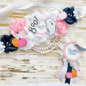 A Boo is Due Baby Shower Mommy to be Sash and Pin, Boo Halloween Baby Shower Sash, Ghost Baby Shower Sash, Pink Halloween Maternity Sash