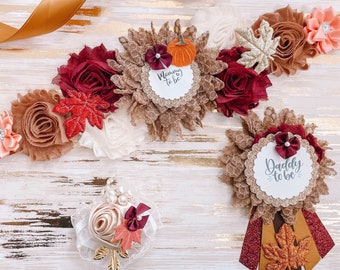 Banda de maternidad con calabazas de otoño, banda para baby shower con temática otoñal, banda para futura mamá en colores otoñales para baby shower, banda de maternidad para otoño.