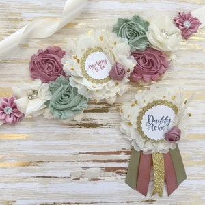 Sage and Rose Pink Boho Baby Shower Mommy to be Sash and Daddy to be Pin