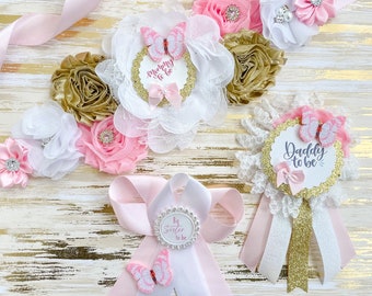 Butterfly Mommy to be Sash for Baby Shower, Pink and Gold Baby Shower Sash, Girl Butterfly Baby Shower Maternity Sash for Mommy to be