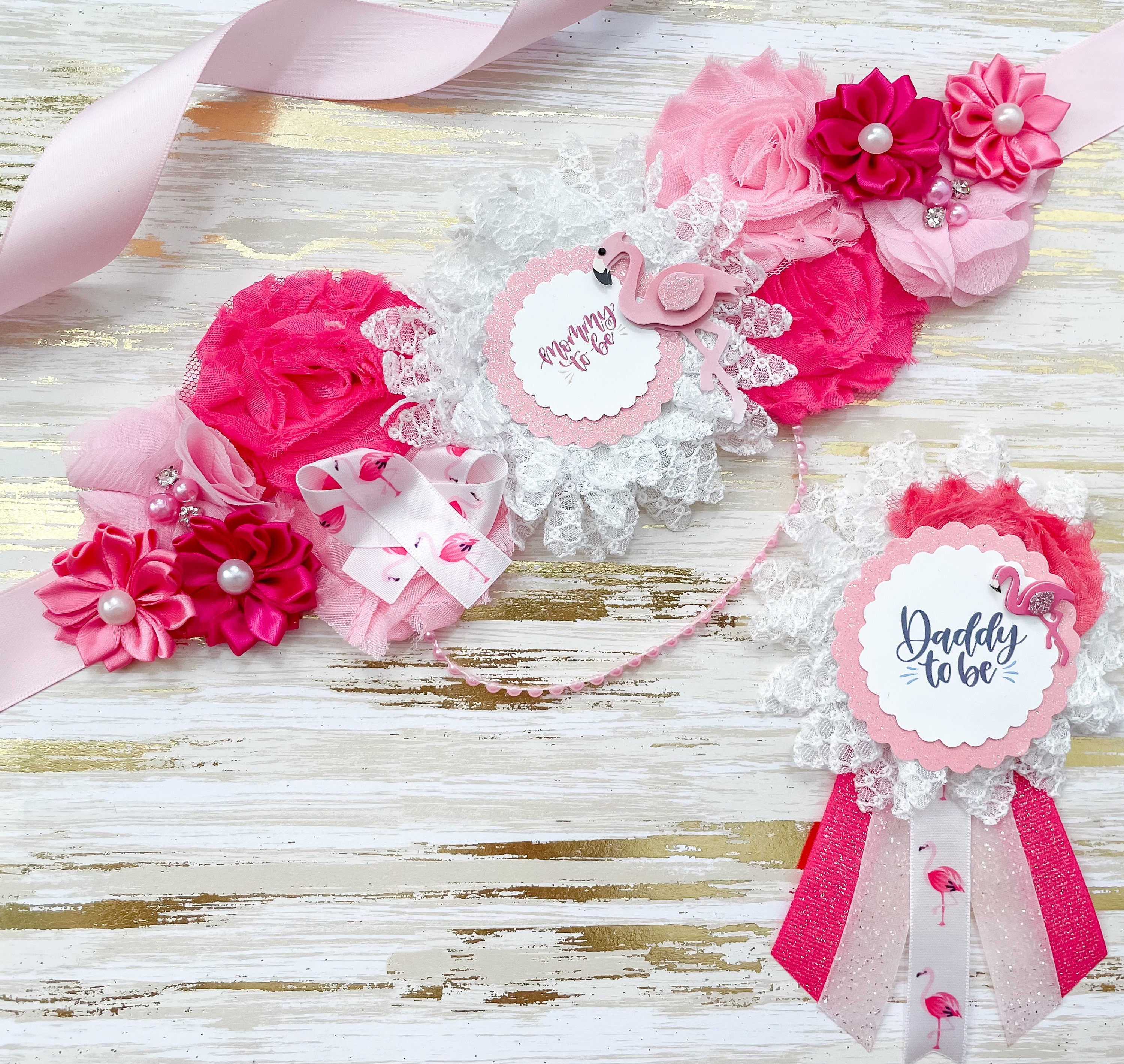 Mommy and Daddy To-Be Corsages Baby Shower Mother and Baby Flamingos 