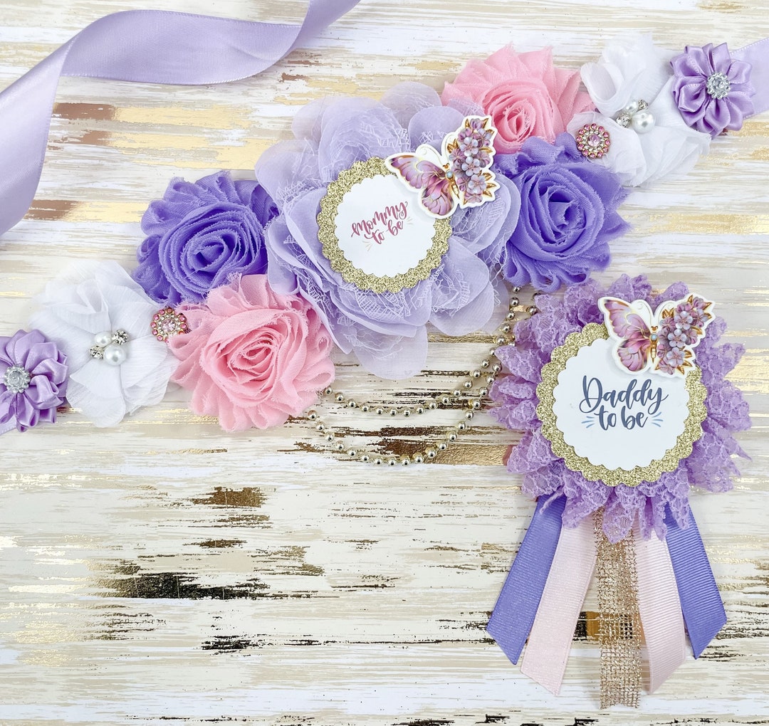 Purple and Gold Butterfly Baby Shower Sash for Mom to Be, Butterfly
