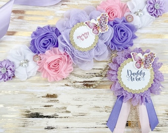 Purple and Gold Butterfly Baby Shower Sash for Mom to be Butterfly Baby Shower Mommy to be Sash Butterfly Maternity Sash for Baby Shower