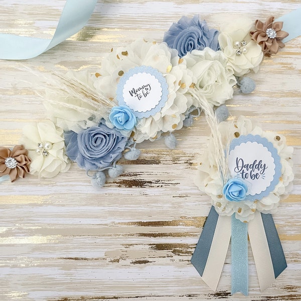 Boho Blue Baby Shower Sash, Mommy to be Sash, Minimalist Blue Boy Baby Shower Sash, Neutral Baby Shower Maternity Sash for Mommy to be