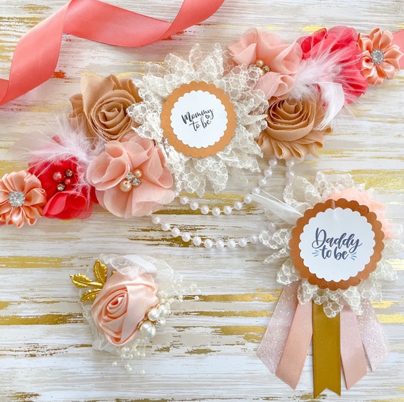 Coral Pink Burnt Fall Orange Baby Shower Maternity Sash, Mom  display picture 1