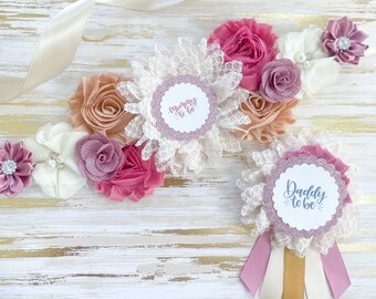 Neutralrosa och elfenbensfärgad mammaskärp för babyshower, rosa elfenbensfärgad mammaskärp, blivande mammaskärp till babyshower, rosa babyshower-skärp för flicka