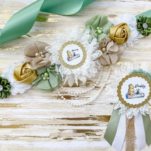 Classic Winnie the Pooh Baby Shower Mommy to be Sash and Daddy Pin, Baby Shower Sash, Maternity Sash for Baby Shower, Sage Winnie the Pooh
