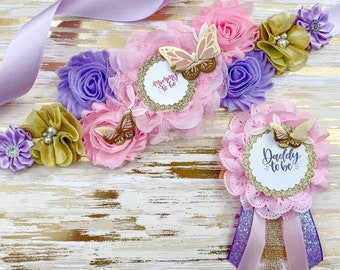 Butterfly Baby Shower Mommy to be Sash and Baby Shower Pins, Purple Pink and Gold Butterfly Baby Shower Maternity Sash and Pin, Mommy to be