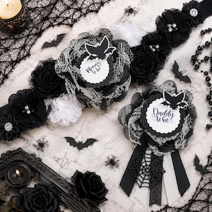 Halloween Bat Baby Shower Sash and Daddy to be Pin Black and White Halloween Baby Shower A BOO is Due Baby Shower Sash A Baby is Brewing