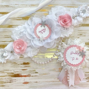 Winter Wonderland Baby Shower Sash, Pink and White Maternity Sash for Baby Shower, Mom to be Sash and Pin, Pink and White Maternity Sash