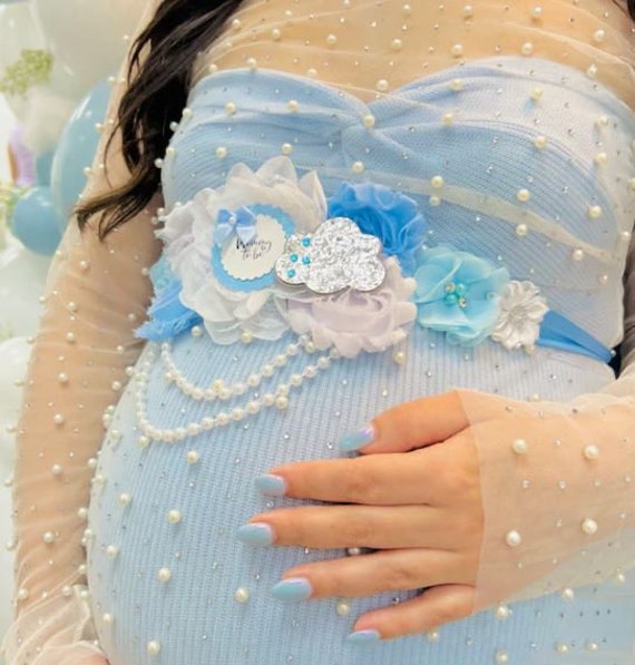 daisha blue dress baby shower The Bodycon Dress & Duster Set (Baby Blue)  Bump City