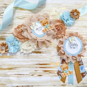 Teddy Bear Baby Shower Sash, Blue and Brown Teddy Bear Maternity Sash for Mom to be, Baby Shower Sash for Teddy Bear theme Baby Shower