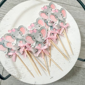 Pink Baby Elephant Watercolor cupcake toppers, Baby Shower Elephant Girl Pink food picks, Large Baby Shower Elephant Cupcake Toppers