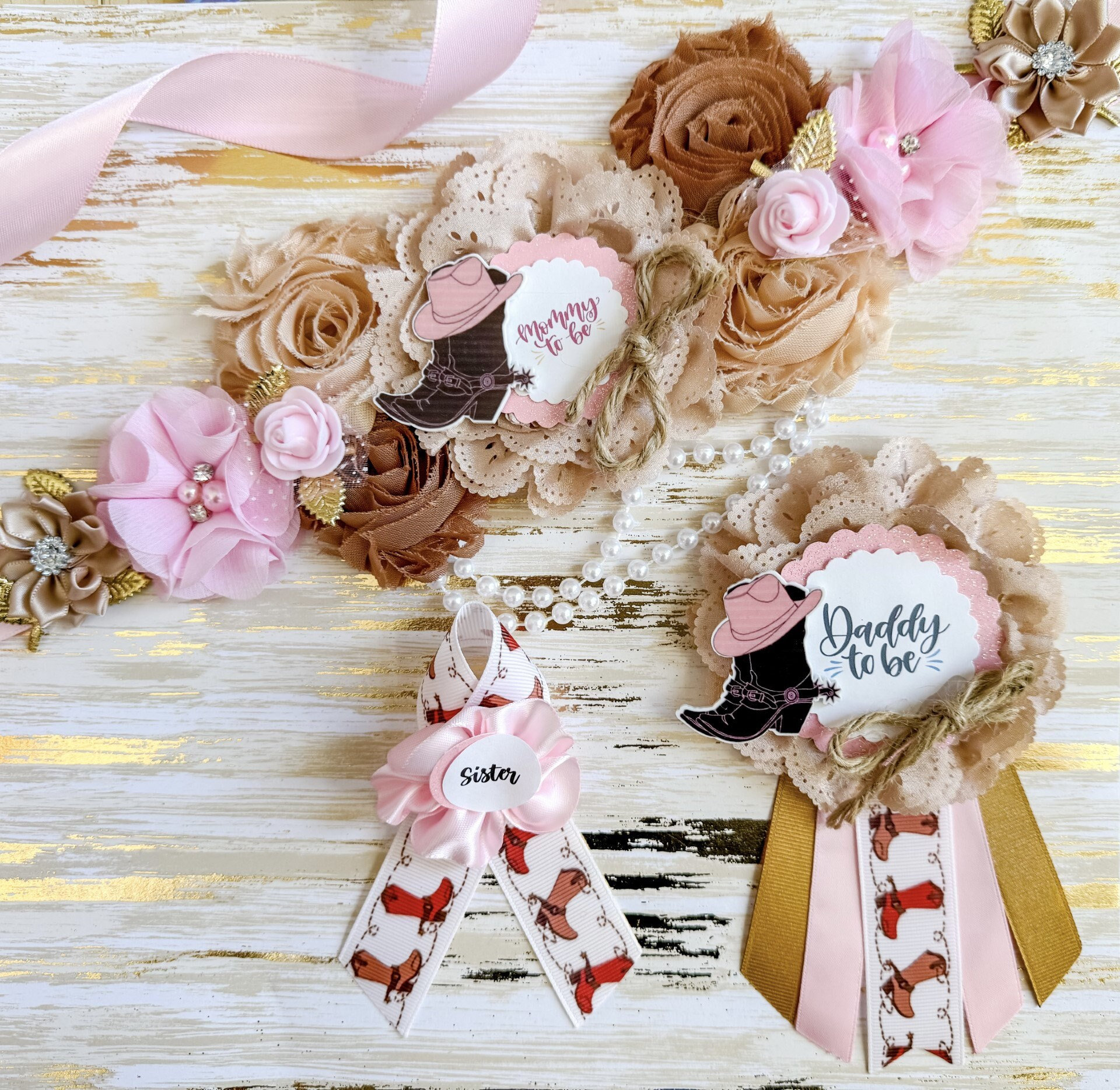 4843 Rustic Baby Shower Maternity Sash Mommy To Be Belly | Usa Handmade Cowboy Baby Shower Mom to Be Sash, Red and Brown Cowboy Baby  main image 2