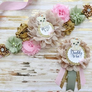 Baby Lion Baby Shower Sash and Matching Family Pins, Pink Girl Safari Baby Shower