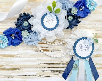 Blue Boho Greenery Baby Shower Sash, Shades of Blue Baby Shower Mommy to be Sash, Blue Greenery Baby Shower Sash, Baby Shower belt