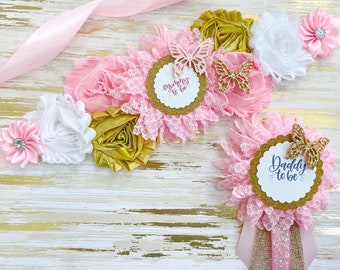 Gold and Pink Butterfly Maternity Sash for Baby shower, Butterfly Mom to be Pin corsage for Baby shower, Butterfly Gold and Pink Sash