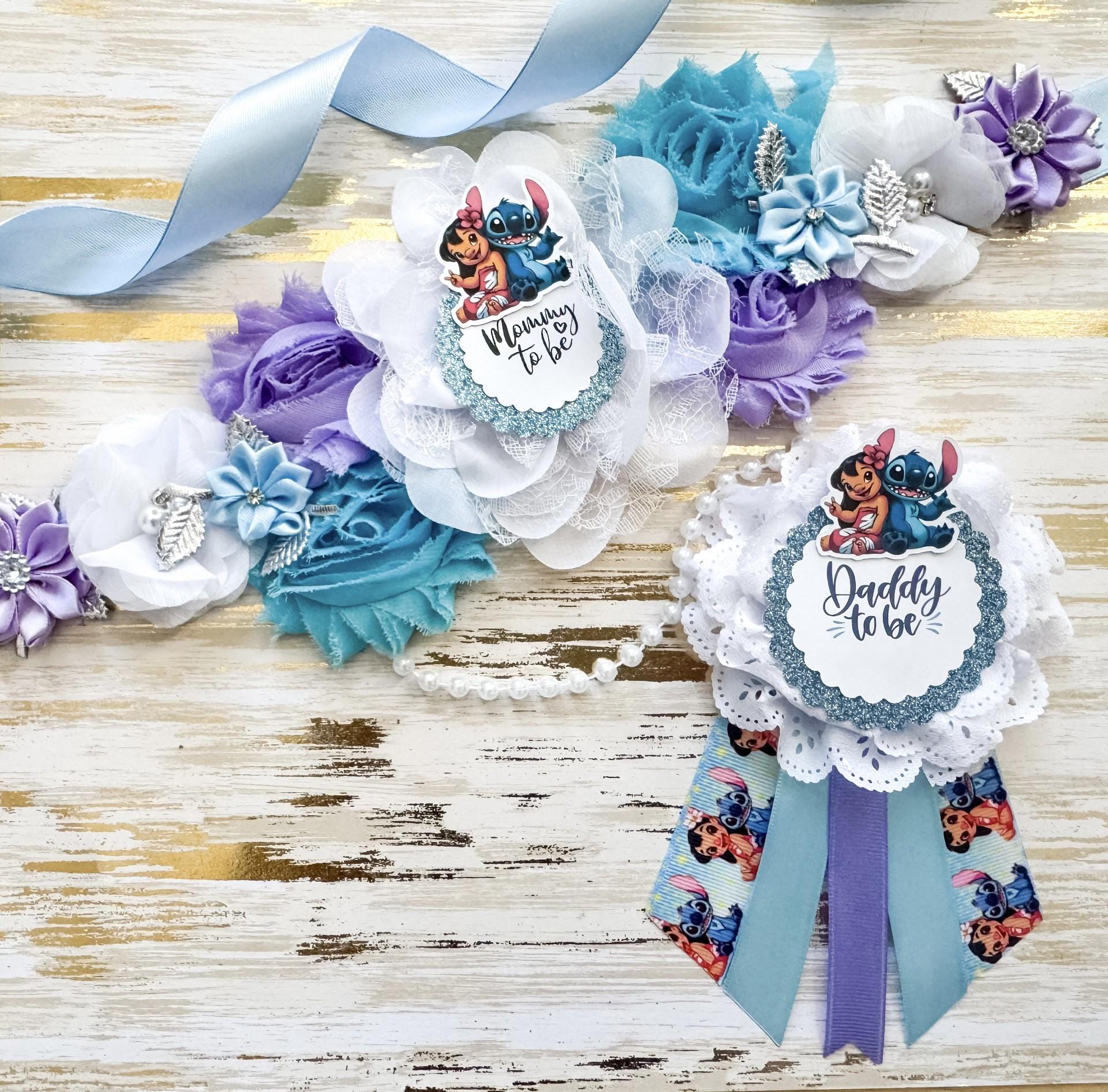Lilo and Stitch Mommy to Be Sash and Daddy to Be Pin – Baby Shower