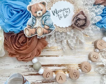 Mom To Be Sash And Dad To Be Pin Set - Baby Shower Gender Reveal Decor With Blue Brown Bear Design