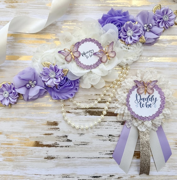 Lavender and Gold Baby Shower Mommy to be Sash with Matching Family Pins Purple Butterfly Baby Shower Sash for Mommy to be Lavender
