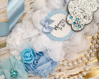 Cloud Theme Baby Shower Sash & Corsage Set - Maternity Belly Belt With Mom & Dad To Be Pins