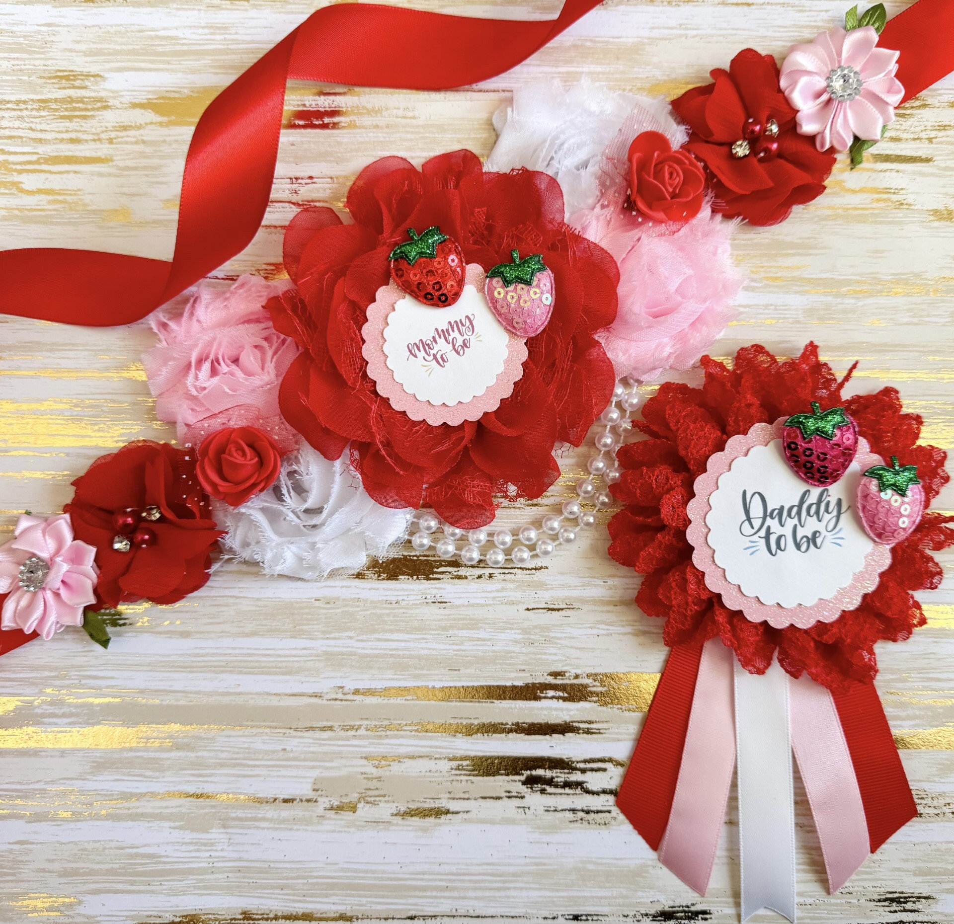Strawberry Baby Shower Sash Red and Pink Strawberry Theme Baby Shower Decor Baby Shower Pin Corsage for Mommy to be Sash Baby Shower Gift