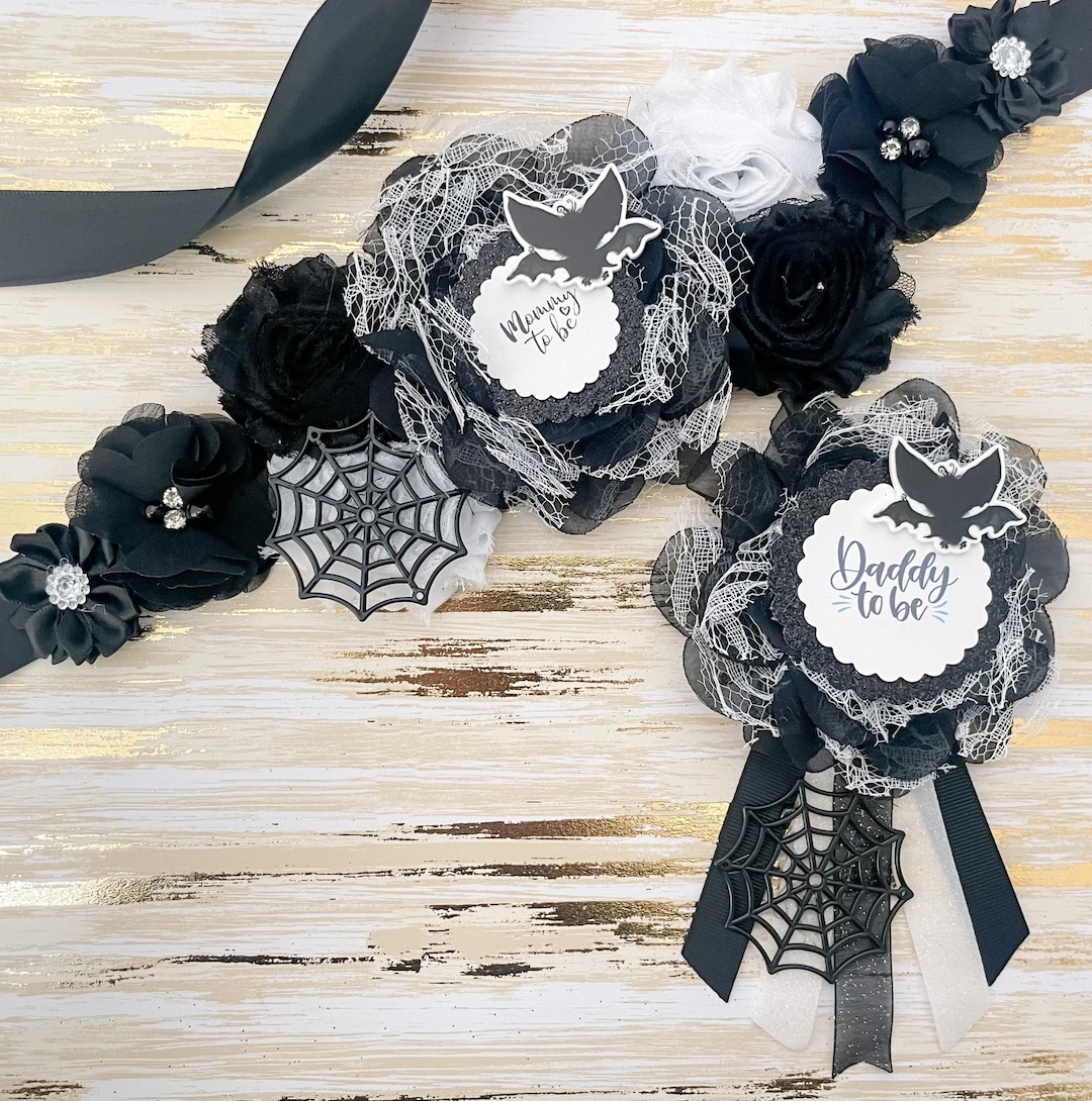 Halloween Bat Baby Shower Sash and Daddy to Be Pin, Black and White