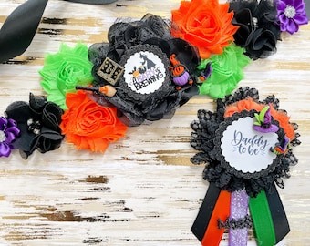 A Baby is Brewing Baby Shower Sash and Daddy to be Pin, Baby is Brewing Gender Reveal Sash, Halloween Maternity Sash for Baby Shower, Sash