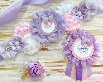 Pink and Purple Lavender Butterfly Maternity Sash, Butterfly Baby Shower Sash, Butterfly Mom to Be Sash, Pink and Purple Sash
